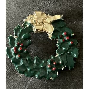Vintage Signed Dodds Christmas Brooch Wreath Green Gold Tone
